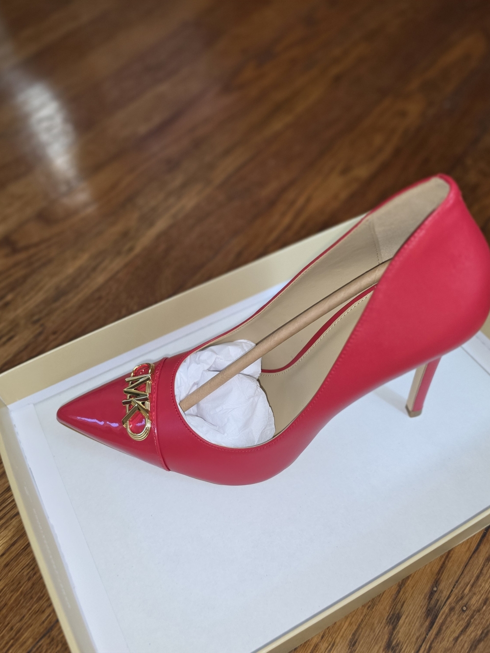 MICHAEL Michael Kors Red Pointed Toe Stiletto Pump with Gold Logo